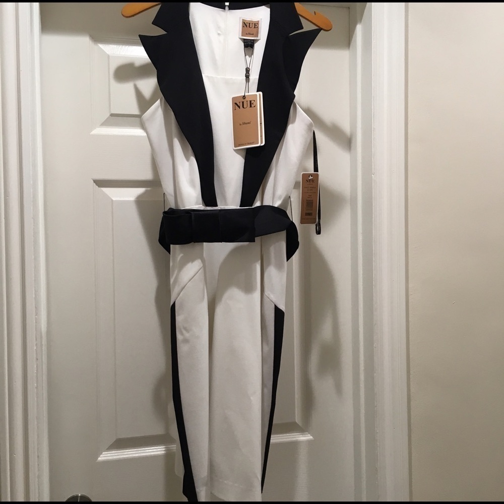 Nue by Shani White Midi Dress with Black Contrast Trim and Belt